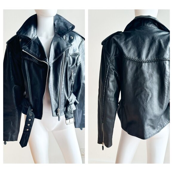 Vintage Black Leather Braided Detail Motorcycle Jacket M/L - Picture 1 of 10